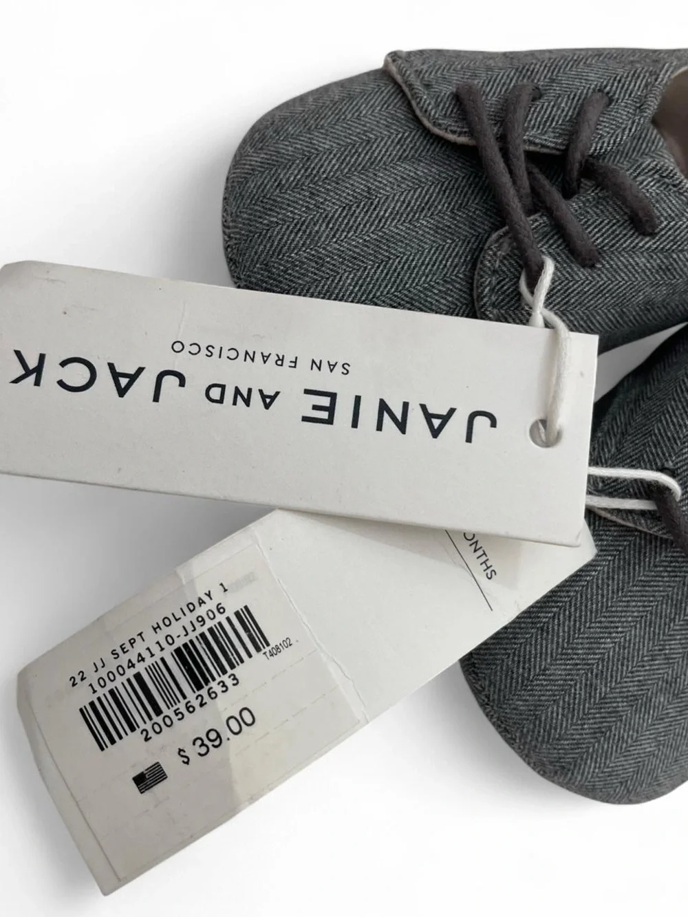 New! 3-6M Boy Janie and Jack Gray Twill Herringbone Soft Sole Crib Shoes NWT